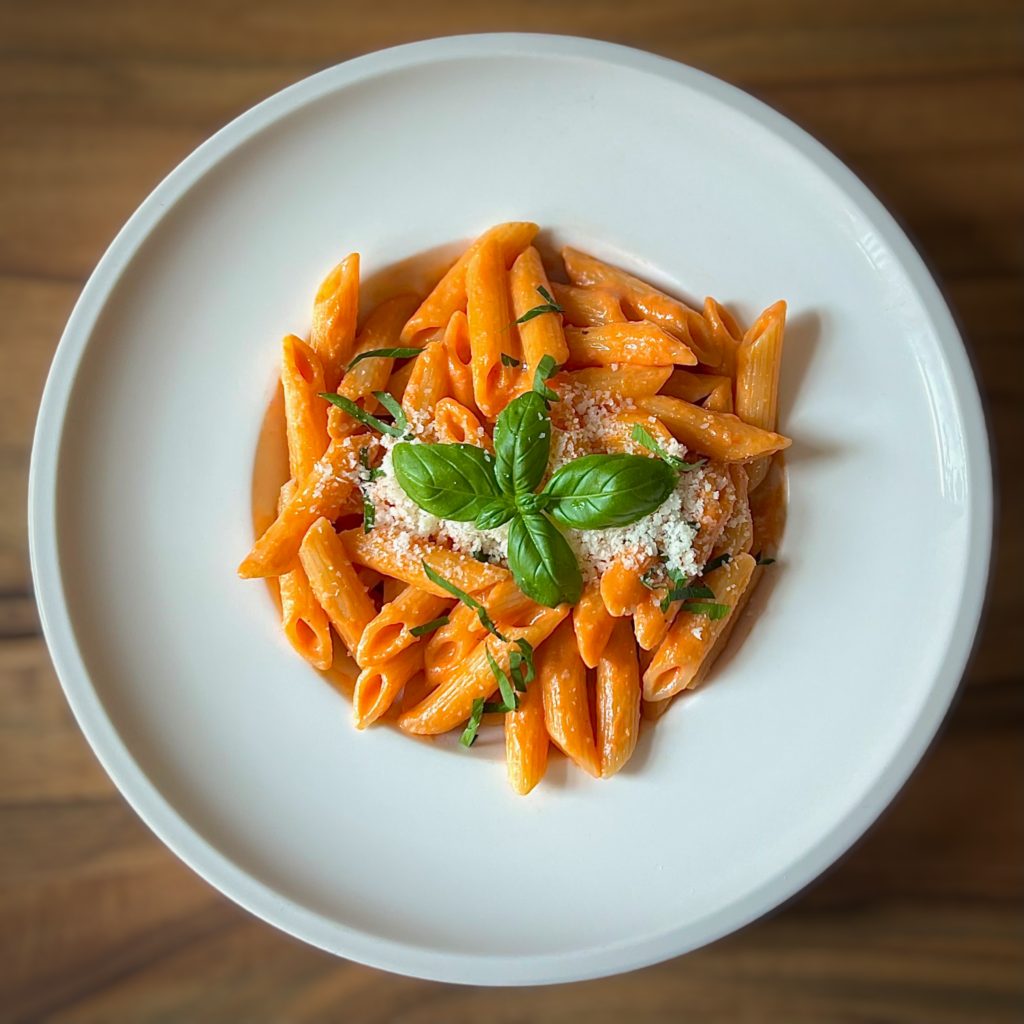Penne alla Vodka auf einem weißen tiefen Teller serviert und mit etwas Basilikum dekoriert.