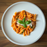 Penne alla Vodka auf einem weißen tiefen Teller serviert und mit etwas Basilikum dekoriert.