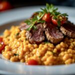 Lammfilet auf Karotten Risotto auf einem weissen Teller angerichtet.