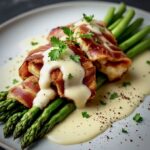 Ofen-Spargel mit Hähnchen in Pancetta auf einem weißen Teller serviert