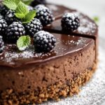 Schoko-Cheesecake mit frischem Früchten und Minzeblättern dekoriert und mit Puderzucker bestäubt