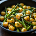 Spargel-Gnocchi-Pfanne mit frischer Petersilie und Parmesan verfeinert.