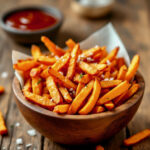Süsskartoffel-Pommes in einer Holzschale dekorativ angerichtet mit einer selbstgemachten BBQ-Soße