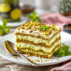 Ein Stück Pistazien Tiramisu auf einem Teller angerichtet mit fisch gehackten Pistazien garniert.