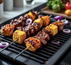BBQ Spieße mit Mais und Rinderfilet auf einer geriffelten Grillplatte goldbraun angeröstet.