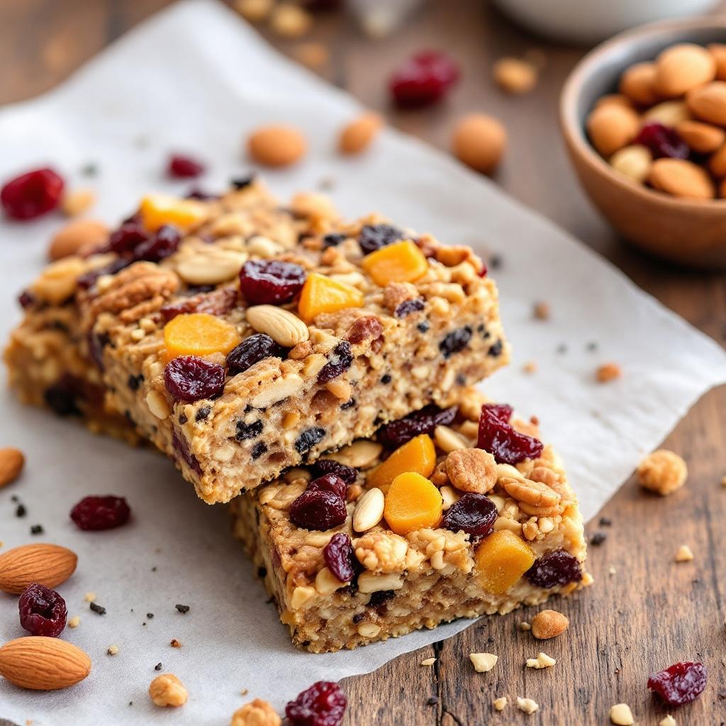 High Protein Riegel, selbstgemacht mit vielen Nüssen, Samen und getrockneten Früchten. Sehr lecker.