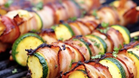 Kartoffel-Zucchini-Spieße mit knusprigen Bacon umwickelt auf einer Grillplatte.