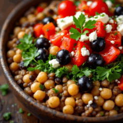 High-Protein Kichererbsen-Linsen-Bowl serviert in einer runden Schüssel und garniert mit frischen Kräutern.