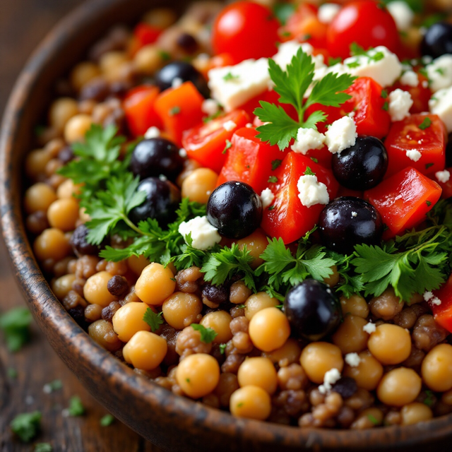 High-Protein Kichererbsen-Linsen-Bowl serviert in einer runden Schüssel und garniert mit frischen Kräutern.