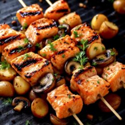 Lachs-Spieße auf einer Grillplatte mit Pilzen und Kartoffeln.