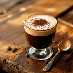 Frisch zubereiteter Marocchino Kaffee auf einem rustikalen Holztisch.