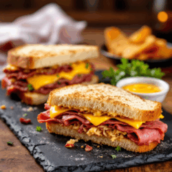 Reuben Sandwich New York Style auf einer schwarzen Platte angerichtet mit etwas Sauce extra.