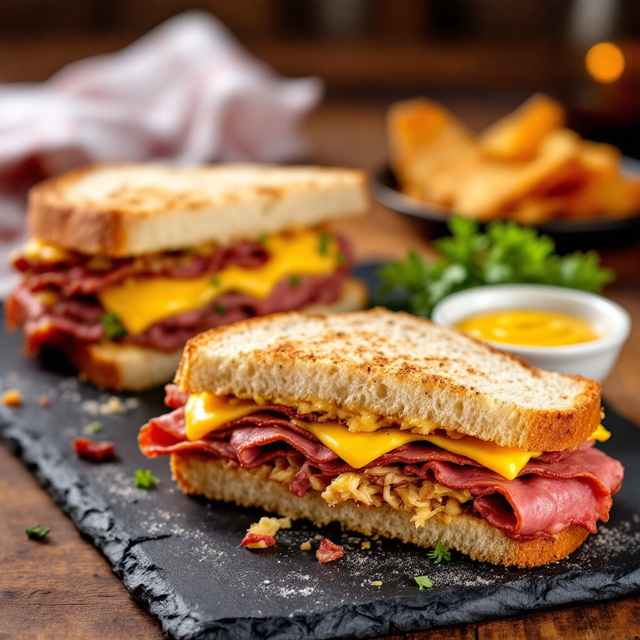 Reuben Sandwich New York Style auf einer schwarzen Platte angerichtet mit etwas Sauce extra.