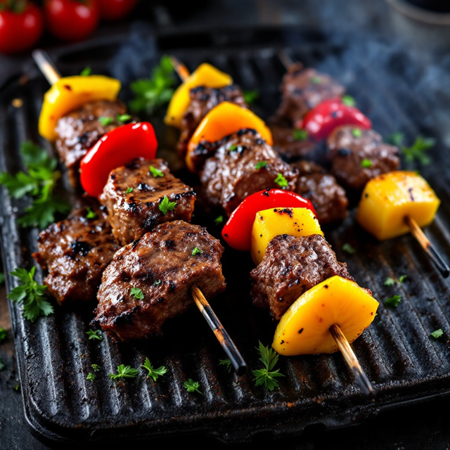 Rinderfilet Spieße auf einer Grillplatte mit Ananas und Paprika.