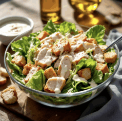 Caesars Salat in einer großen Schüssel angerichtet und mit etwas rotem Pfeffer garniert.