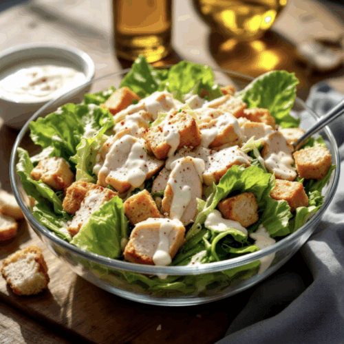 Caesars Salat in einer großen Schüssel angerichtet und mit etwas rotem Pfeffer garniert.