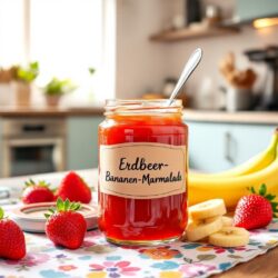 Erdbeer-Bananen-Marmelade im Glas mit frischen Früchten im Bild in der Küche.