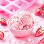 Protein-Erdbeereis mit einer Silikon-Eiswürfelform gemacht. Dazu frische Erdbeerstückchen.