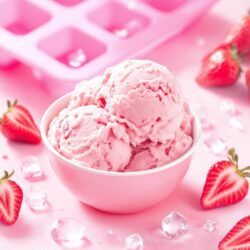 Protein-Erdbeereis mit einer Silikon-Eiswürfelform gemacht. Dazu frische Erdbeerstückchen.