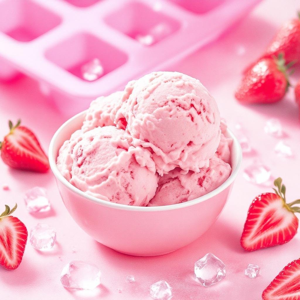 Protein-Erdbeereis mit einer Silikon-Eiswürfelform gemacht. Dazu frische Erdbeerstückchen.