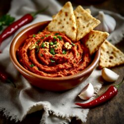 Hatay Ezmesi frisch zubereitet in einer Schale mit frischen Petersilie und kleinen Krackern garniert und mit Chili und Knoblauch daneben auf einem rustikalen Tisch.