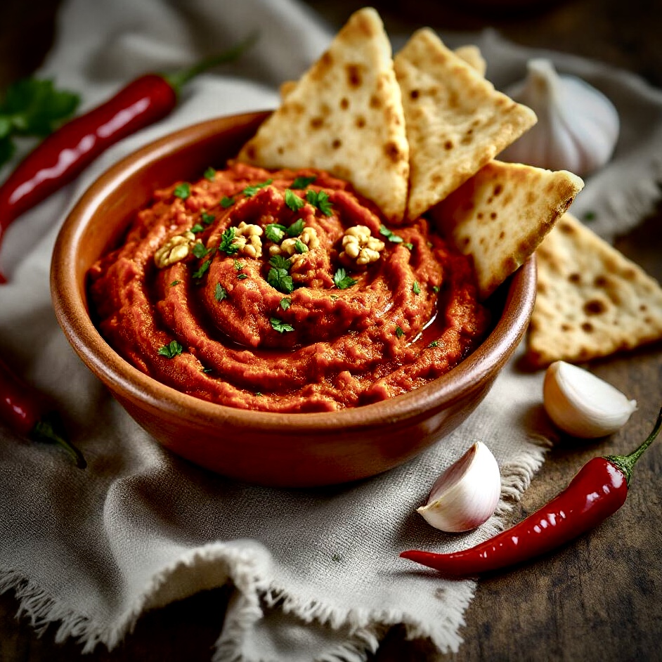 Hatay Ezmesi frisch zubereitet in einer Schale mit frischen Petersilie und kleinen Krackern garniert und mit Chili und Knoblauch daneben auf einem rustikalen Tisch.