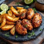 Asia-Hähnchenkeulen mit Sesam-Bratkartoffeln aus dem Ofen. Mit Limette und frischen Kräutern auf einer schwarzen Schieferplatte angerichtet.