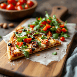 Ein Stück Low Carb Pizzaboden mit frischem Belag aus dem Ofen mit etwas Salate daneben angerichtet.