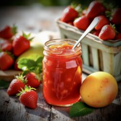 Mango-Erdbeer-Marmelade im Glas. Mit frischen Früchten dekoriert und einem Löffel im Glas.