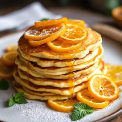 Pancakes mit karamellisierten Zitronen, auf einem Teller als Pancake-Stapel angerichtet.