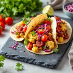 Tacos mit Chorizo und Blumenkohl auf einer grauen Schieferplatte angerichtet. Im Hintergrund Limette, Tomaten und frische Petersilie.