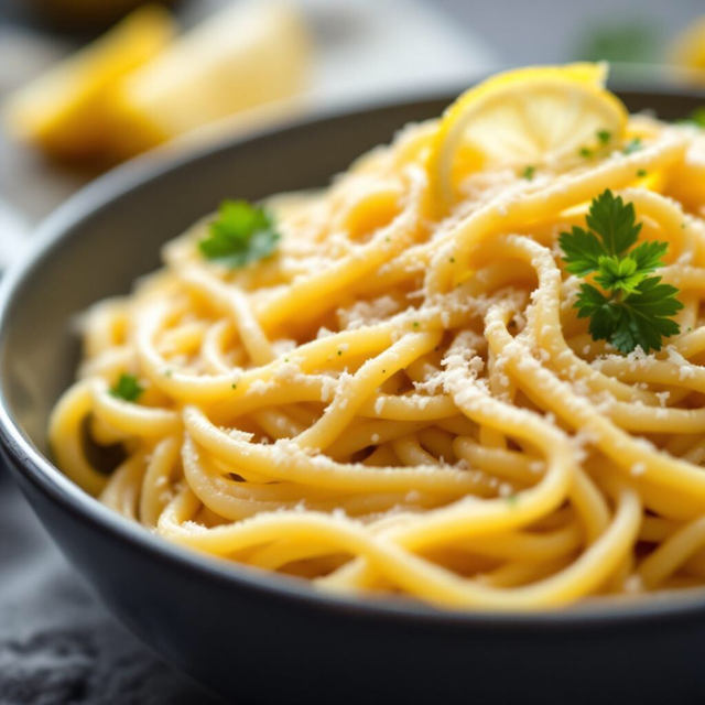 Pasta mit Amalfi-Zitronen, ein Klassiker der Süditalienischen Küche. Serviert in einer schwarzen Schale, mit Parmesan und Petersilie verfeinert.