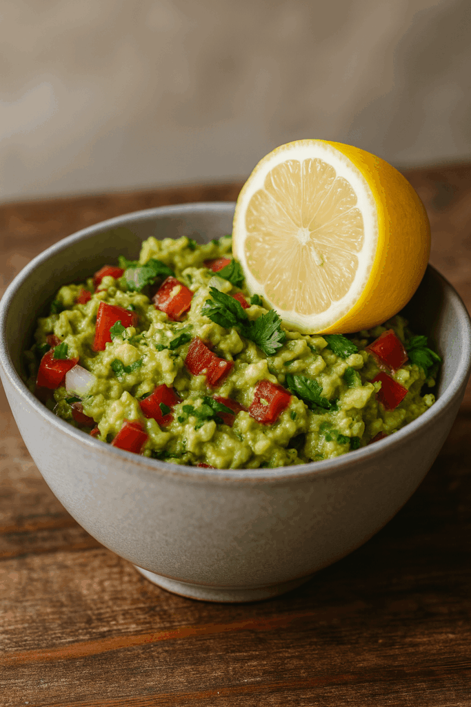 mexikanische Guacamole in einer Schüssel mit einer halben Zitrone drauf