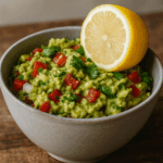 mexikanische Guacamole in einer Schüssel mit einer halben Zitrone drauf