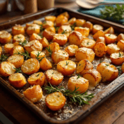 Duftende Käse-Rosmarin-Kartoffeln vom Blech mit Parmesan und Rosmarien überbacken frisch aus dem Ofen auf einem schwarzen Gussbackblech