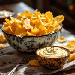 Knusprige Farfalle Pasta Chips mit hausgemachten Käsedip frisch auf dem Tisch.