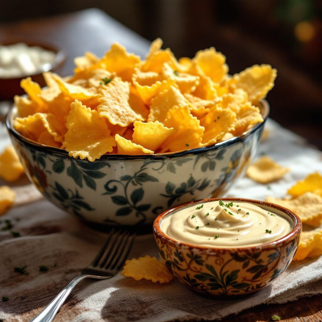 Knusprige Farfalle Pasta Chips mit hausgemachten Käsedip frisch auf dem Tisch.