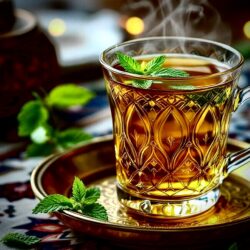 Frisch aufgeossener marokkanischer Minztee mit frischer Minze in einem Glas wie in Marokko.