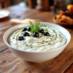 In einer weißen Schale befindet sich cremiges Tzatziki mit Gurkenstückchen. Darauf sind acht schwarze Oliven arrangiert, die als Garnitur dienen. Ein kleiner Zweig frischer Dill liegt dekorativ auf den Oliven.