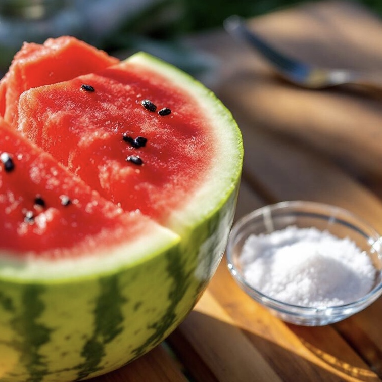 Halbierte Wassermelone mit einem kleinen Schälchen Salz daneben zum bestreuen um den Geschmack hervorzuheben. Ein Toller Melonen Tipp.