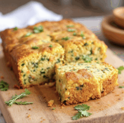 Zucchini-Karotten-Kuchen auf einem Holzbrett angerichtet.