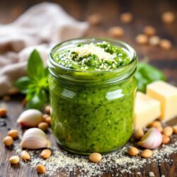 Pesto aus frischem Basilikum, mit Pinienkernen, Parmesan und Knoblauch auf einem dunklem Holzbrett mit allen Zutaten dekoriert.
