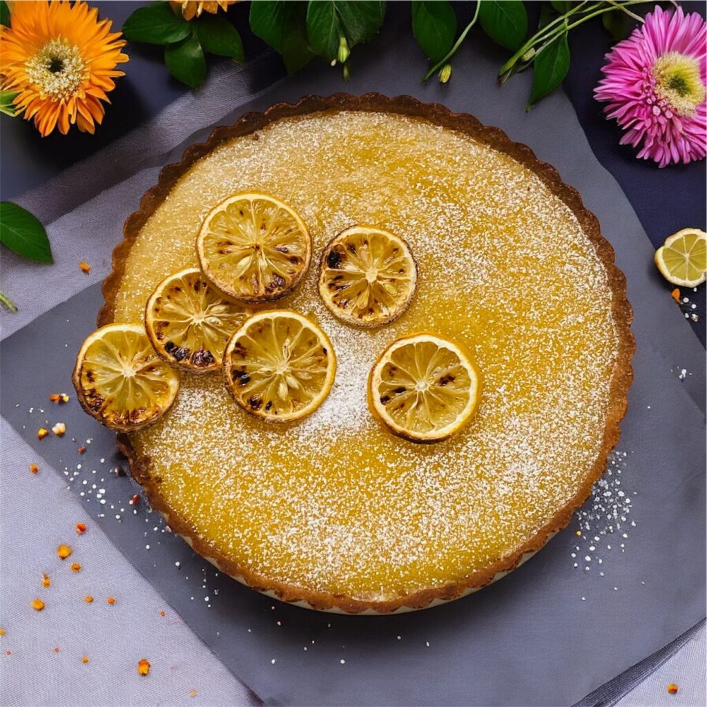 Zitronen-Tarte, ein frisches und saftiges Rezept. Tarte platziert auf einer grauen Platte mit gebackenen Zitronen oben drauf, Blumen dazu für die Deko.