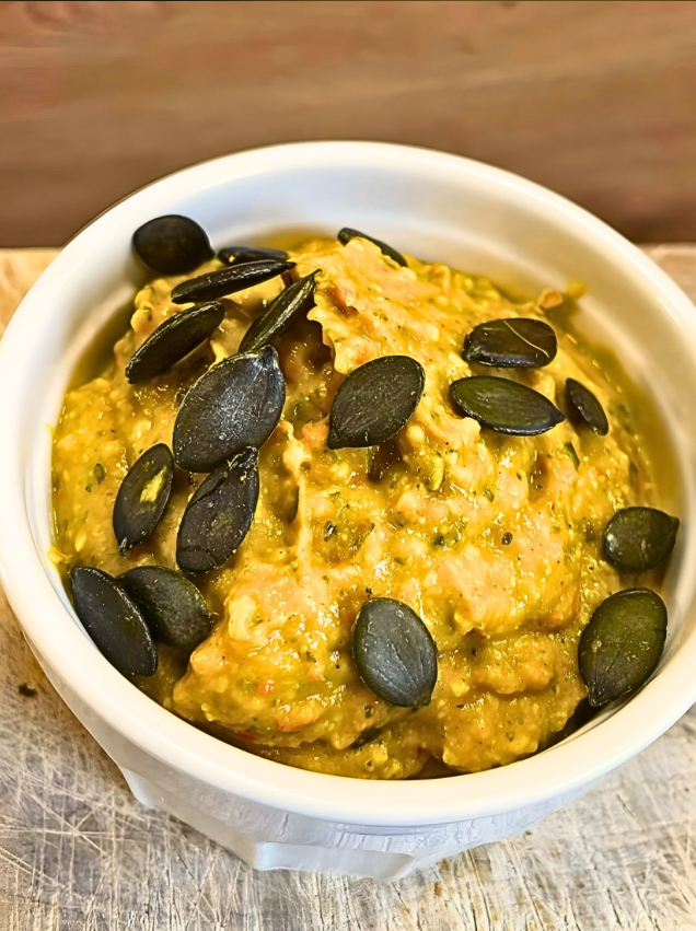 Kürbis-Pesto in einer weißen Schale angerichtet und mit Kürbiskernen dekoriert.