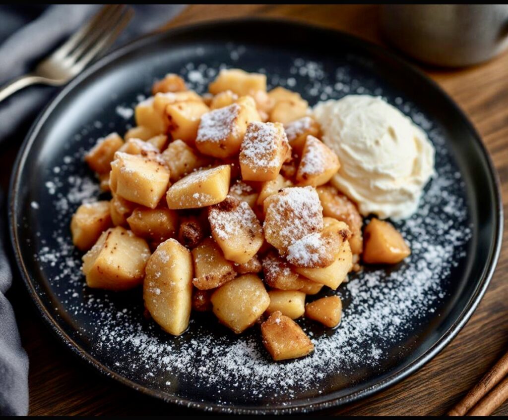 Winterlicher-Apfel-Zimt-Kaiserschmarrn auf einem dunklen Teller mit einer Kugel Vanilleeis serviert.