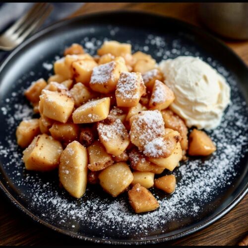 Winterlicher-Apfel-Zimt-Kaiserschmarrn auf einem dunklen Teller mit einer Kugel Vanilleeis serviert.