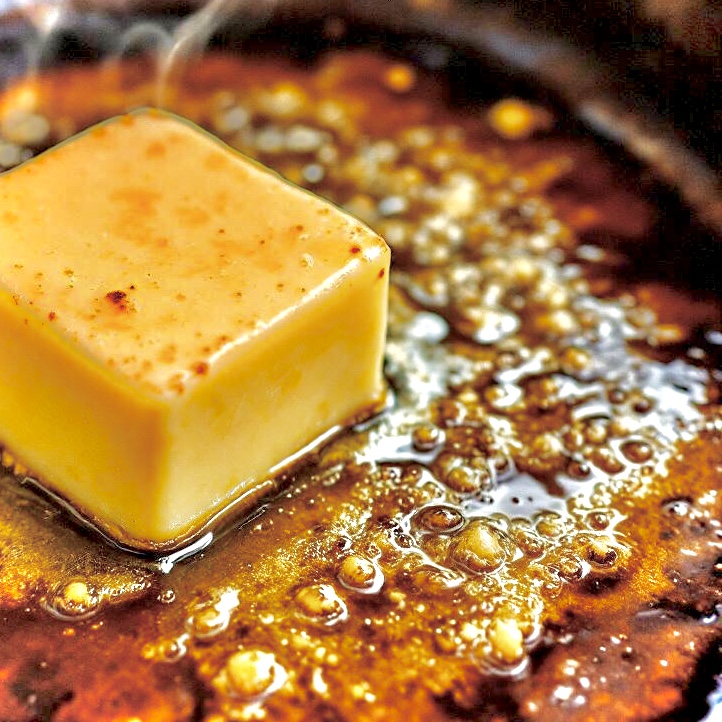 Braune geschmolzene nussige Butter in einer schwarzen Pfanne mit einem Stück frisch Butter.