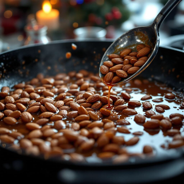 Karamellisierende gebrannte Mandeln werden mit einem Löffel in einer schwarzen Harecker Pfanne umgerührt, wobei flüssiger Zucker herabtropft – wie auf dem Weihnachtsmarkt.