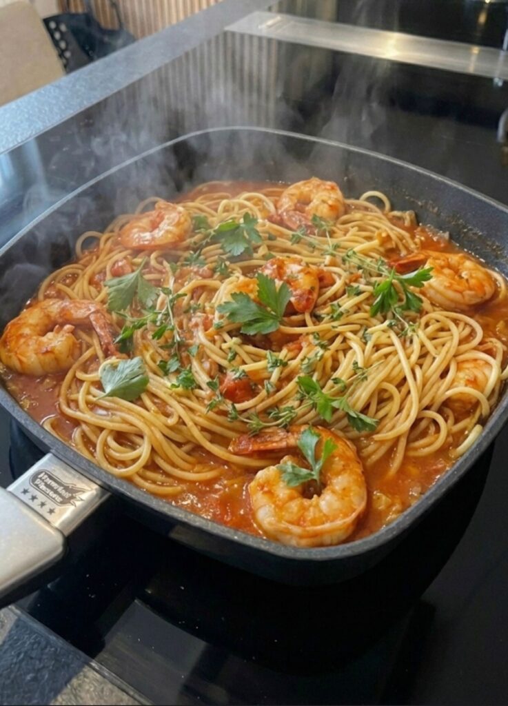 Spaghetti mit Garnelen in der Harecker Pfanne gekocht.