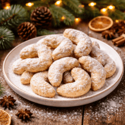 Vanillekipferl auf einem Weihnachtlichen Teller, dick mit Puderzucker bestreut. Aufnahme in der Küche auf unserem Holztisch. Vanilleschoten und Schüssel mit Puderzucker im Hintergrund.